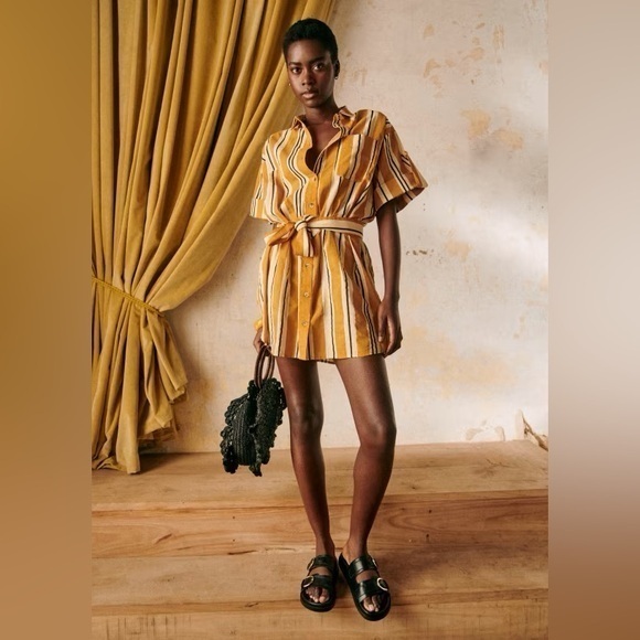 Sezane Celia Striped Cotton Tunic DressOchre Ecru BlackMedium